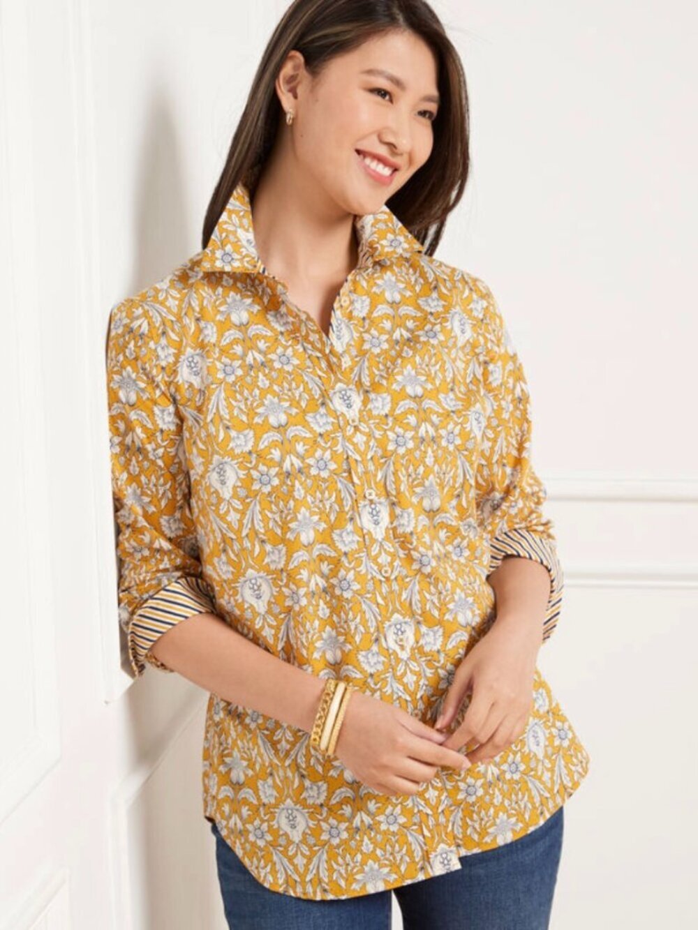 Talbots Intricate Garden Cotton Button Front Shirt NWT XS Mustard Floral 100% Co